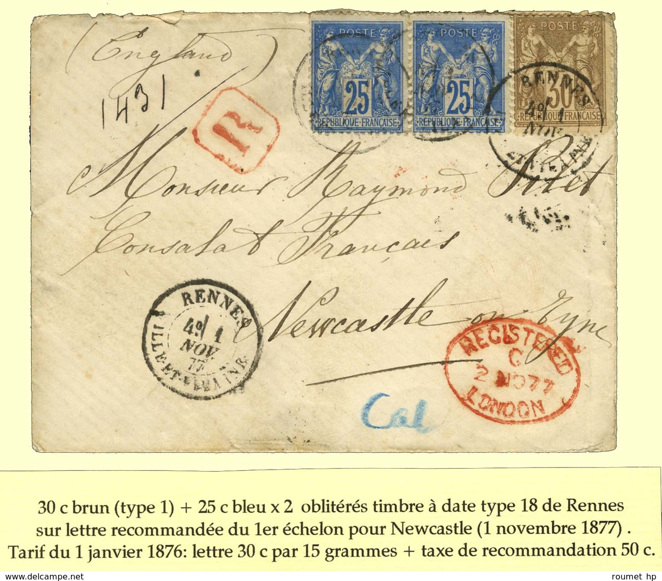 Càd RENNES / ILE ET VILAINE / N° 69 + 79 Paire Sur Lettre Recommandée Pour New Castle. 1877. - TB. - 1876-1878 Sage (Tipo I)