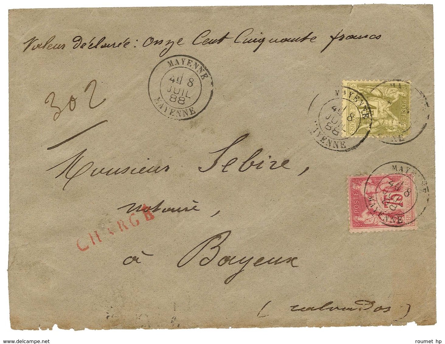 Càd MAYENNE / MAYENNE / N° 81 + N° 82 Sur Lettre Chargée Au 2ème échelon. 1888. - TB / SUP. - 1876-1878 Sage (Type I)