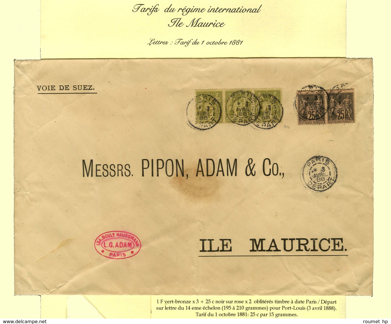 Càd PARIS / DEPART / N° 82 (3) + 97 (2) Sur Lettre Du 14e échelon Pour Port Louis. 1888. - TB. - R. - 1876-1878 Sage (Typ I)