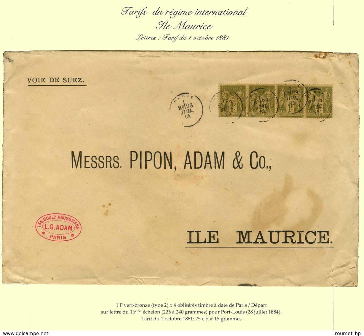 Càd PARIS / DEPART / N° 82 Bande De 4 Sur Lettre Au 16ème échelon Pour Port Louis. 1884. - TB. - R. - 1876-1878 Sage (Typ I)