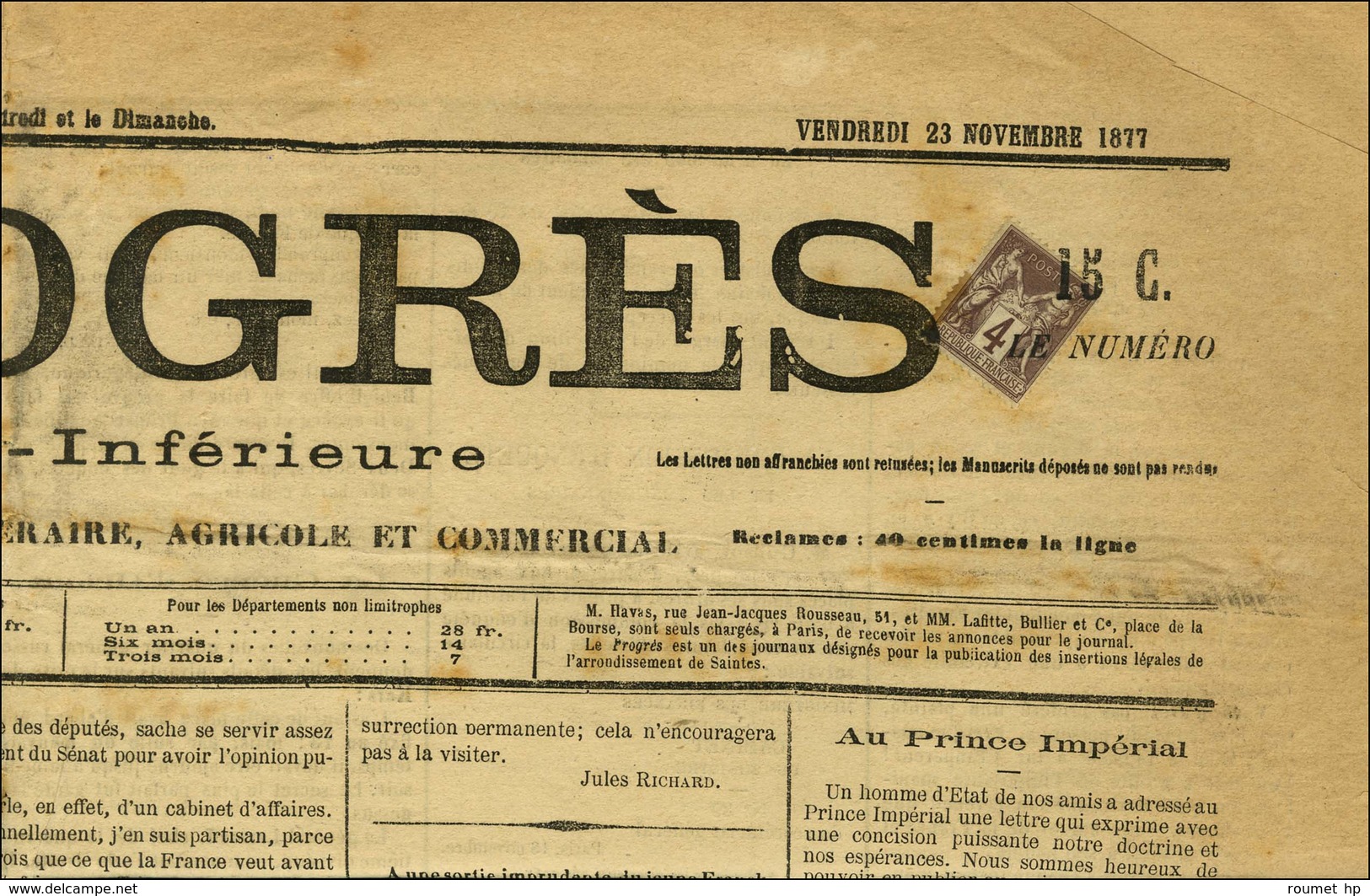 Oblitération Typo / N° 88 Sur Journal Entier LE PROGRES DE LA CHARENTE INFERIEURE (2ème échelon Rayon Général). 1877. -  - 1876-1878 Sage (Typ I)