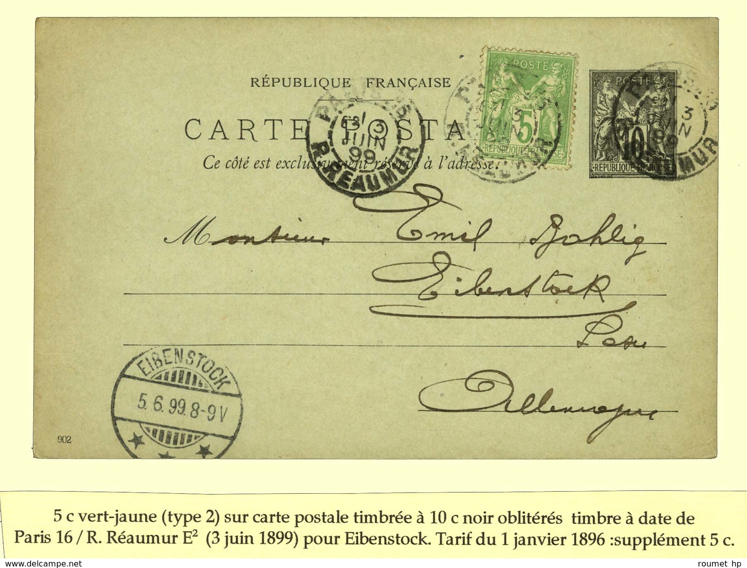 Càd De Lev. Exp. PARIS 16 / R. REAUMUR E2 Sur Entier 10c + N° 102 Pour Eibenstock. 1899. - TB. - R. - 1876-1878 Sage (Tipo I)