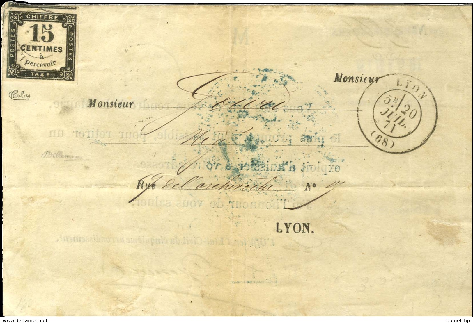 Càd T 17 LYON (68) / Timbre-taxe N° 4 Sur Lettre Locale. 1871. - TB. - R. - 1859-1959 Cartas & Documentos