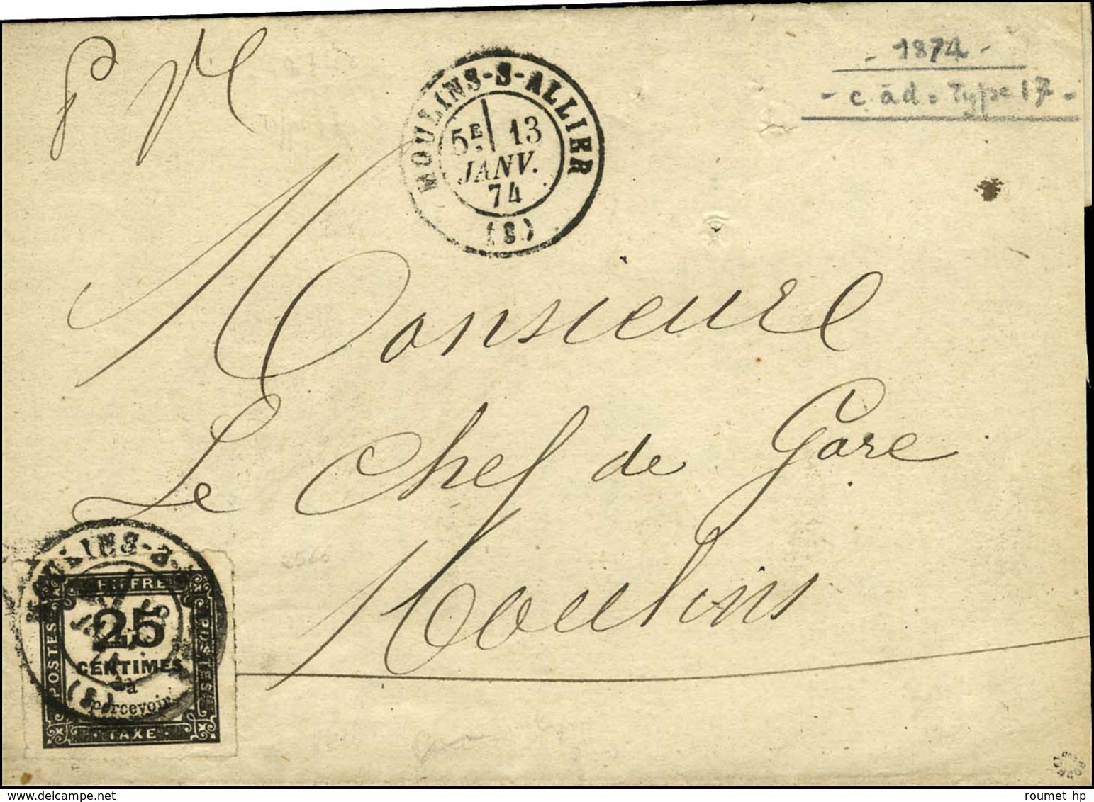 Càd T 17 MOULINS-S-ALLIER (3) / Timbre-taxe N° 5 Percé En Ligne. 1874. - TB / SUP. - R. - 1859-1959 Lettres & Documents