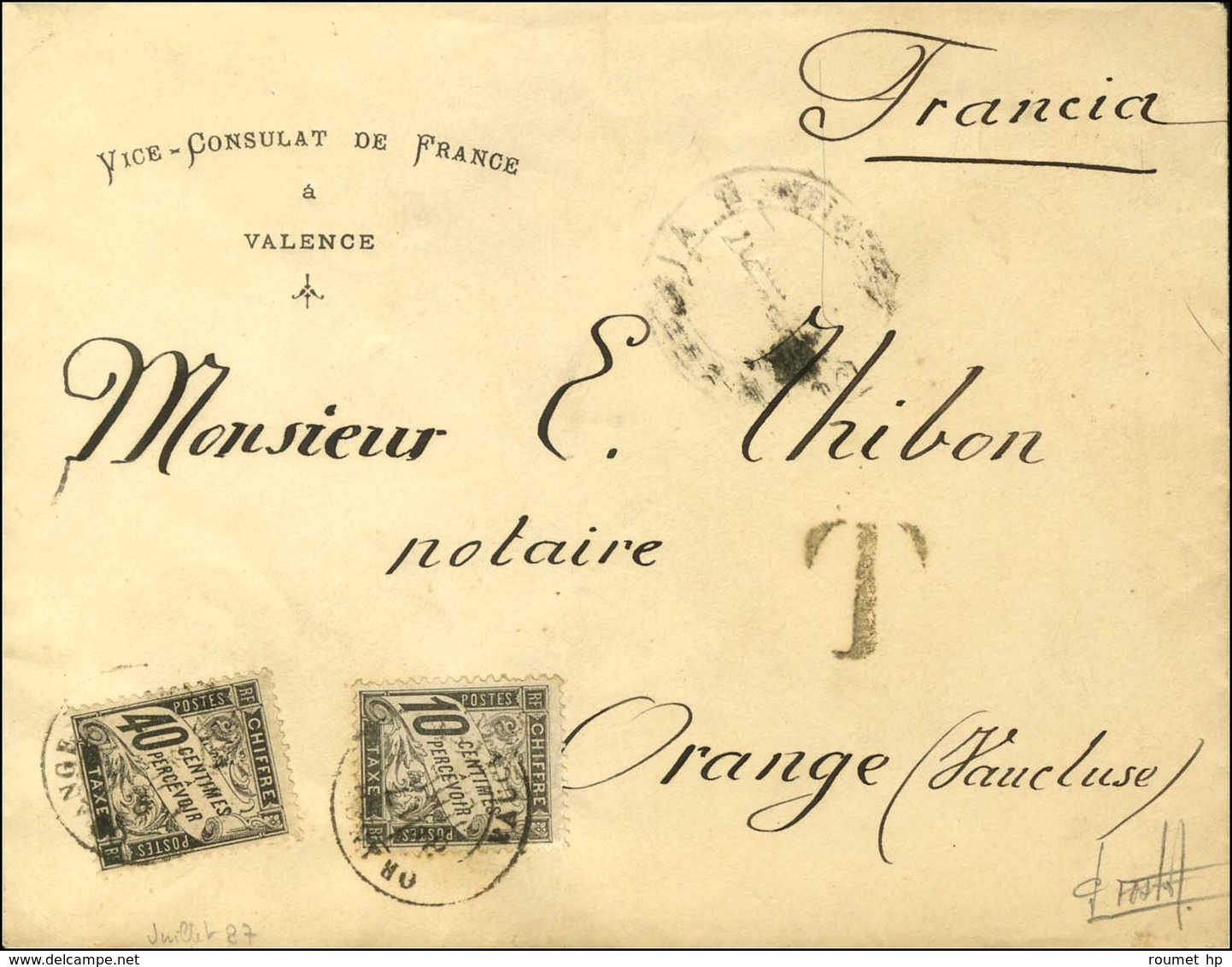 Càd T 18 ORANGE / VAUCLUSE / Timbres-taxe N° 15 + 19 Sur Lettre Non Affranchie Du Vice Consulat De France à Valence. 188 - 1859-1959 Lettres & Documents