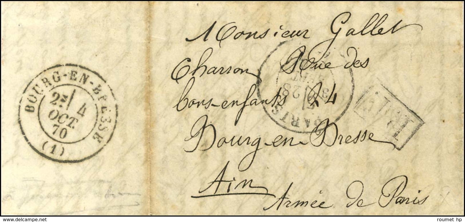 Càd PARIS (60) 28 SEPT. 70 + PP Sur Lettre Avec Texte Daté De Paris Le 27 Septembre 1870 Pour Bourg En Bresse. Au Recto, - Guerra De 1870