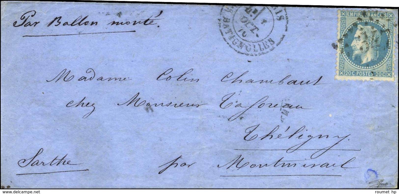 GC 347 / N° 29 Càd PARIS / LES BATIGNOLLES 1 OCT. 70 Sur Lettre Pour Théligny Par Montmirail (Sarthe). Au Verso, Càd D'a - Guerra Del 1870