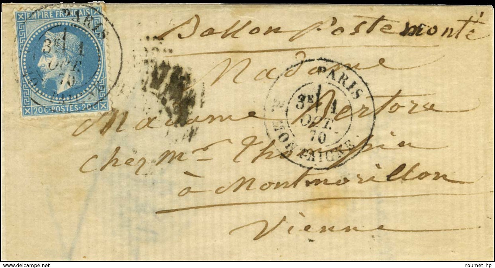 Càd PARIS / R. MONTAIGNE 1 OCT. 70 / N° 29 Sur Lettre Sans Texte Pour Montmorillon, Au Verso Càd D'arrivée 15 OCT. 70. R - Guerra De 1870