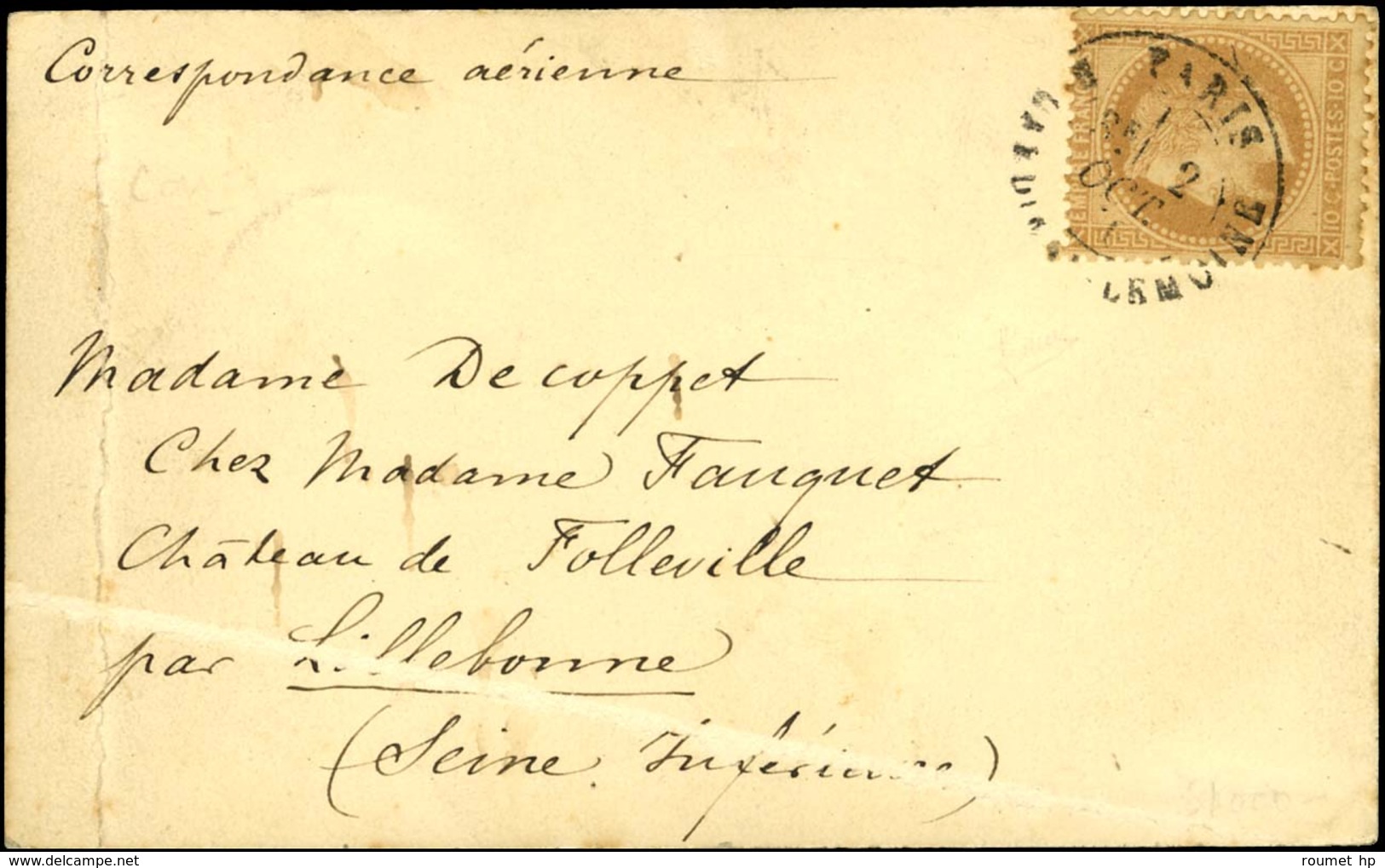 Càd PARIS / R. CARDINAL LEMOINE 2 OCT. 70 Sur Carte Pour Le Château De Folville Par Lillebonne Sans Càd D'arrivée. Très  - Guerre De 1870