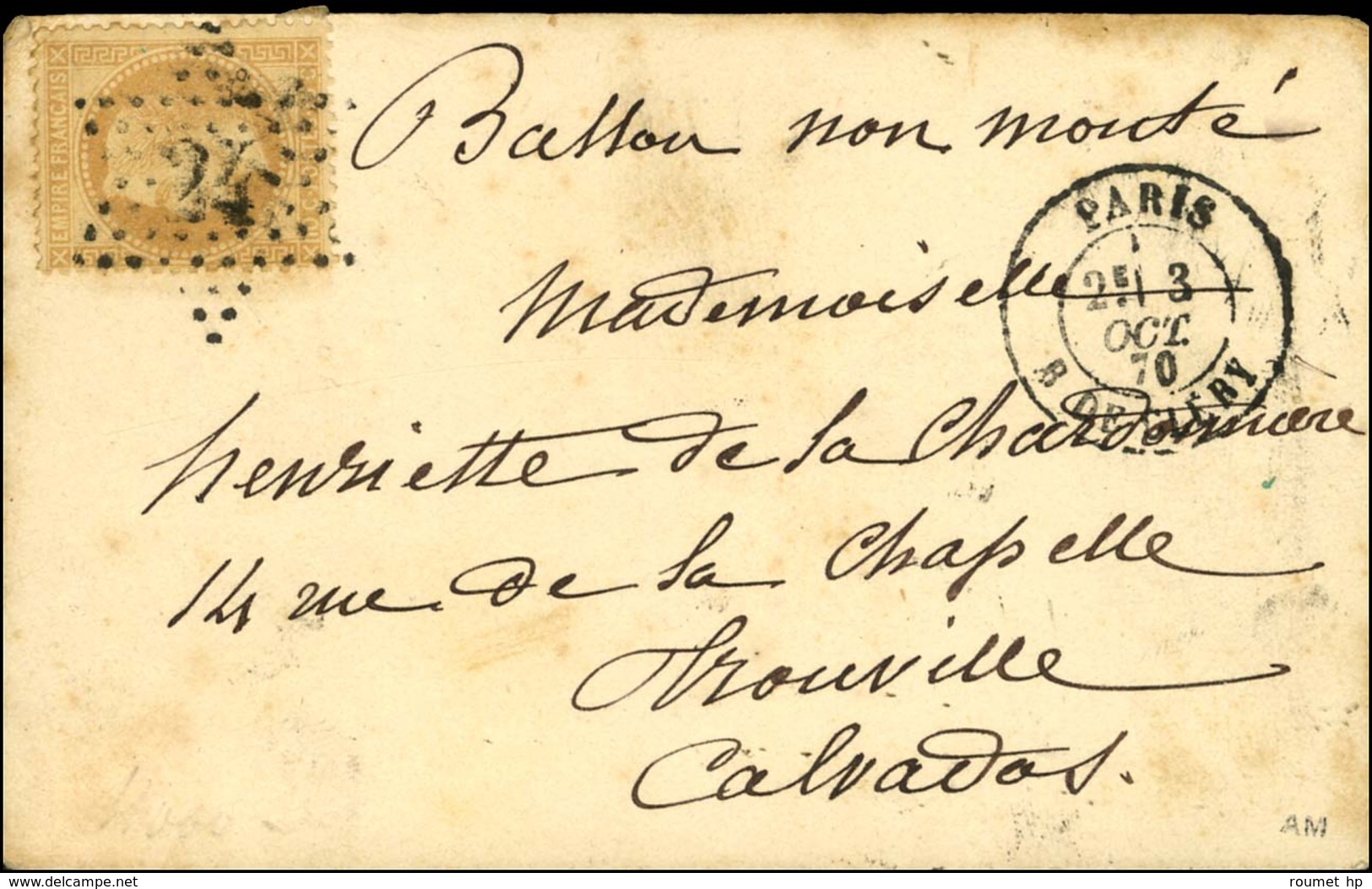 Etoile 24 / N° 28 Càd PARIS / R. DE CLERY 3 OCT. 70 Sur Carte Pour Trouville Sans Càd D'arrivée. LE NON DENOMME Probable - Oorlog 1870
