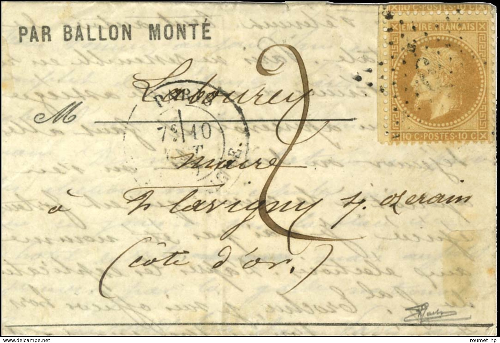 Etoile 9 / N° 28 Càd PARIS / R. MONTAIGNE 10 OCT. 70 Sur Lettre PAR BALLON MONTE Insuffisamment Affranchie Pour Flavigny - War 1870