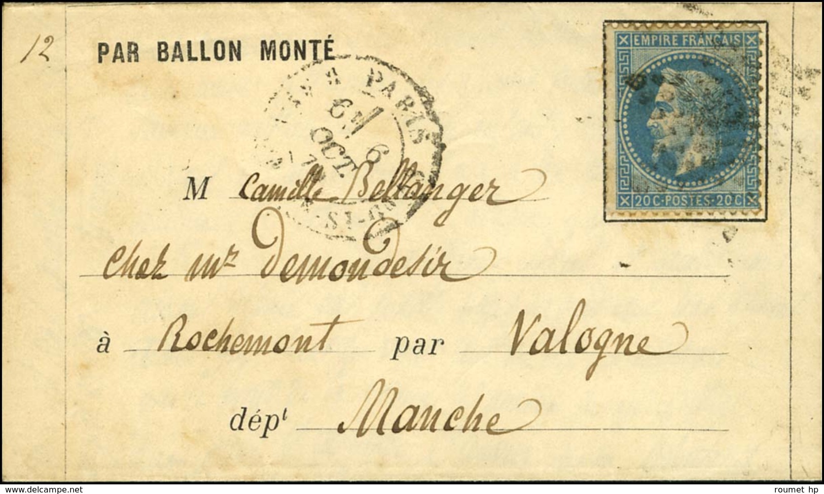 Etoile 20 / N° 29 Càd PARIS / R. ST DOMque ST GN N° 58 6 OCT. 70 Sur Lettre PAR BALLON MONTE Pour Rochemont Par Valogn.  - War 1870