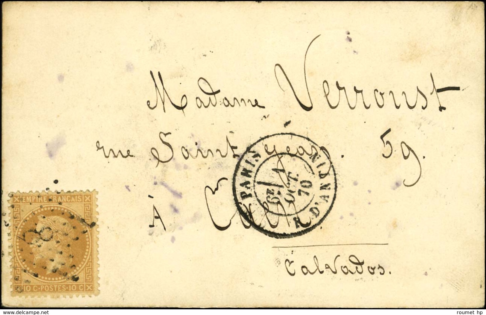 Etoile 8 / N° 28 Càd PARIS / R. D'ANTIN 1 OCT. 70 Sur Carte Pour Caen. Au Verso, Très Rare Càd De Passage ANIZY-LE-CHATE - Oorlog 1870