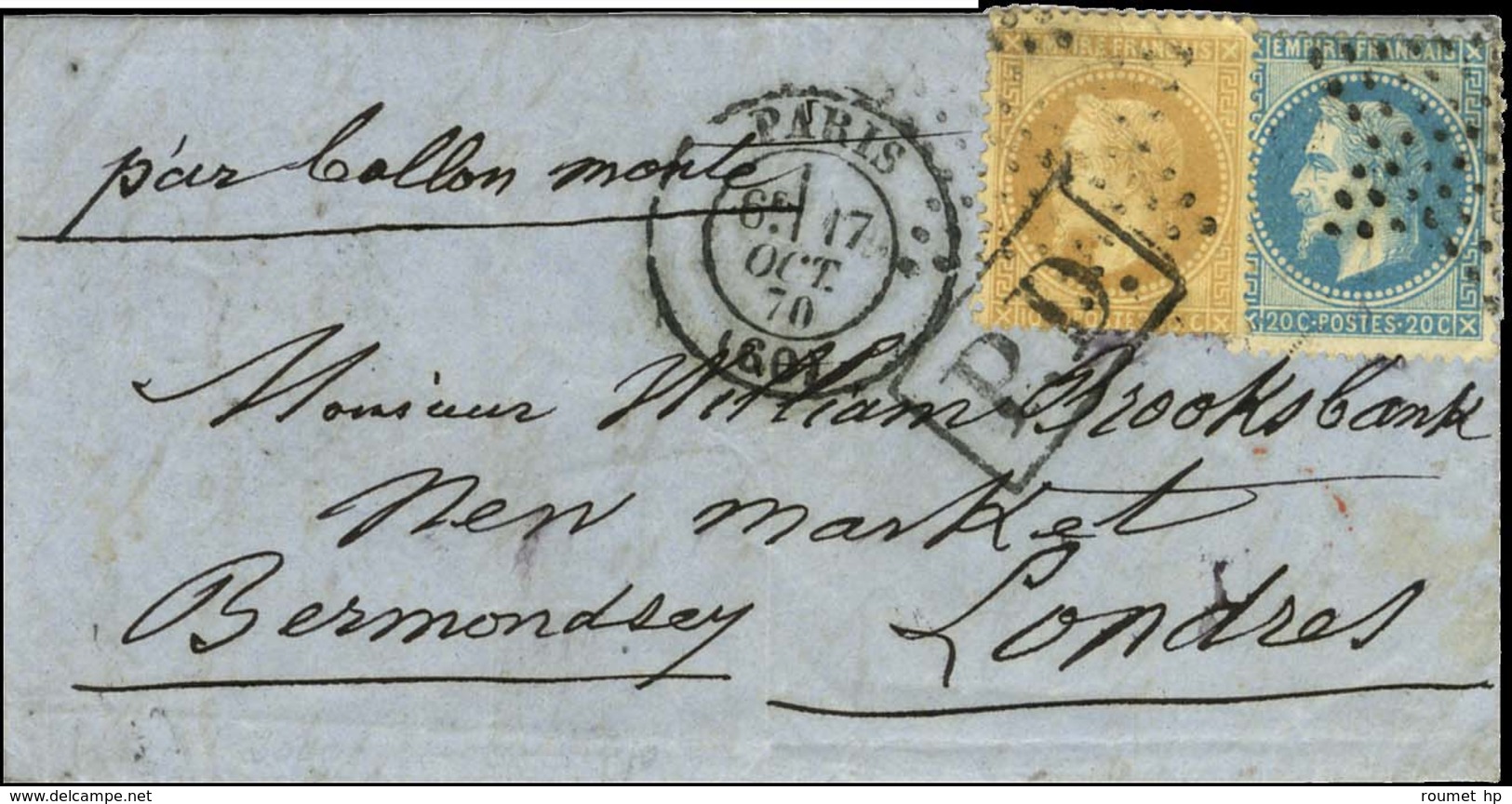 Etoile / N° 28 + 29 Càd PARIS (60) 17 OCT. 70 Sur Lettre Pour Londres. Au Verso, Càd D'arrivée 24 OCT. 70. LE VICTOR HUG - Oorlog 1870