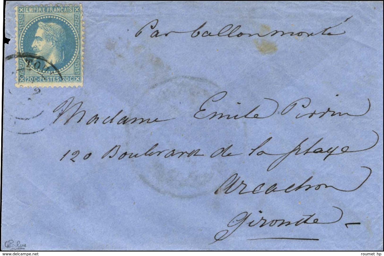 Càd T 17 TOURS (36) 22 OCT 70 / N° 29 Sur Enveloppe '' Par Ballon Monté '' Sans Texte Pour Arcachon. Au Verso, Cachet MI - Oorlog 1870