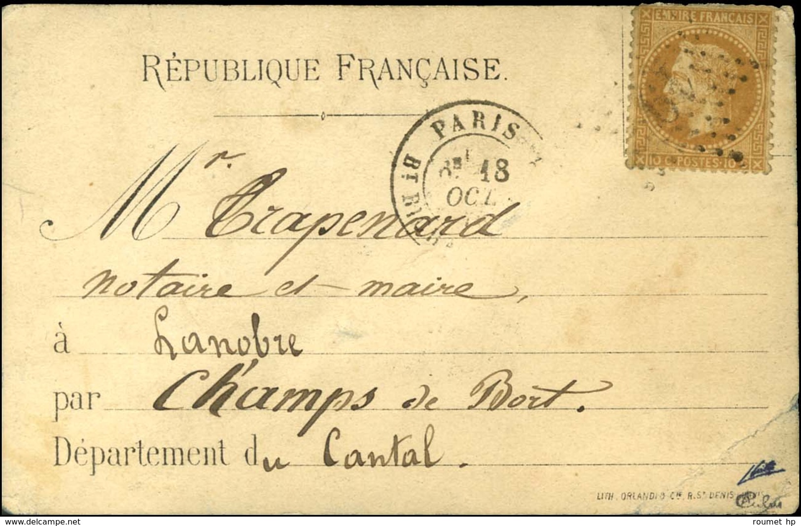 Etoile 19 / N° 28 (infime Def) Càd PARIS / BT RICHARD LENOIR 18 OCT. 70 Sur Carte Avec Mention Imprimée REPUBLIQUE FRANC - War 1870