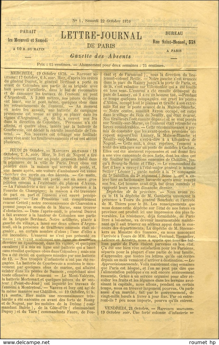 Etoile 3 / N° 37 Càd PARIS / PL. DE LA MADELEINE 28 OCT. 70 Sur Gazette Des Absents N° 1 Pour Sorgues Par Bourron (Seine - War 1870