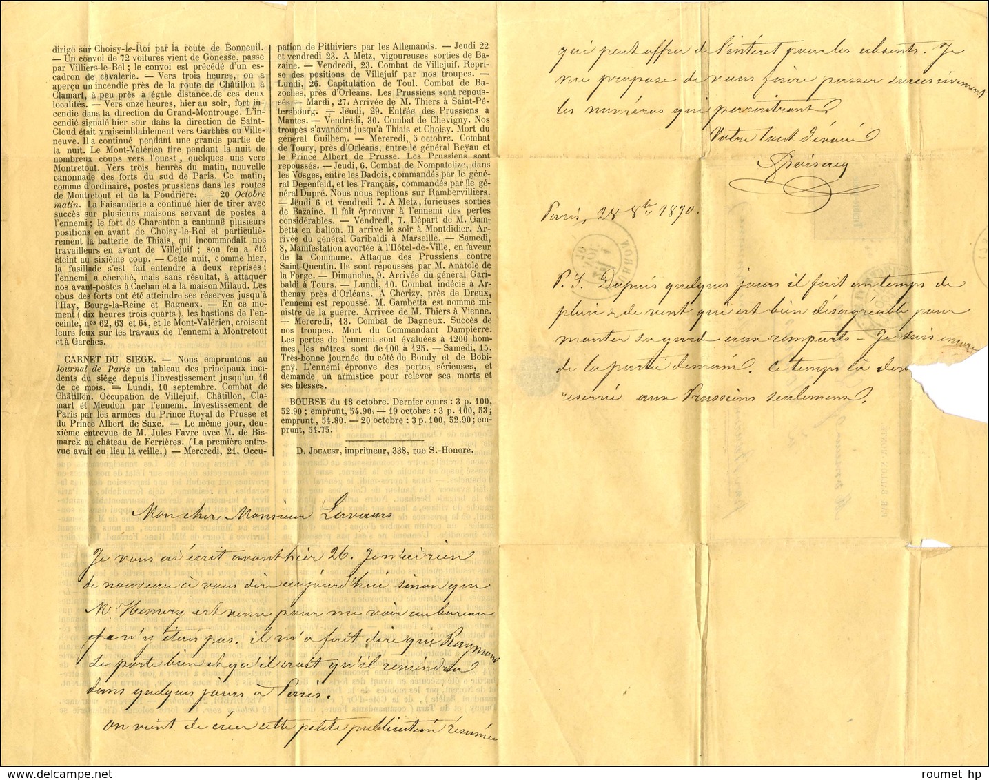 Etoile 3 / N° 37 Càd PARIS / PL. DE LA MADELEINE 28 OCT. 70 Sur Gazette Des Absents N° 1 Pour Sorgues Par Bourron (Seine - War 1870