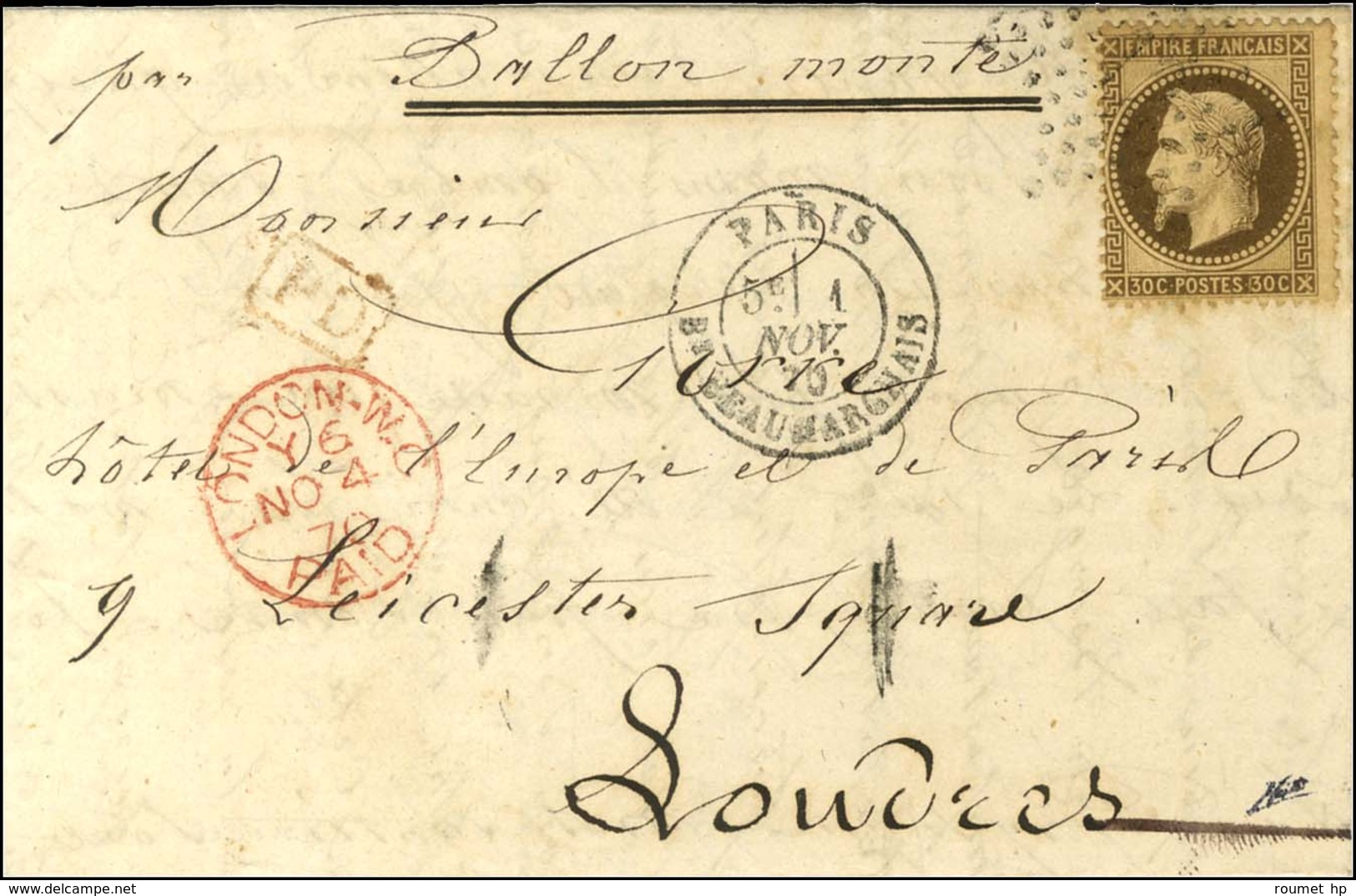 Etoile 12 / N° 30 Càd PARIS / BT BEAUMARCHAIS 1 NOV. 70 Sur Lettre Pour Londres. Au Recto, Càd D'arrivée 4 NOV. 70. LE F - Guerra De 1870