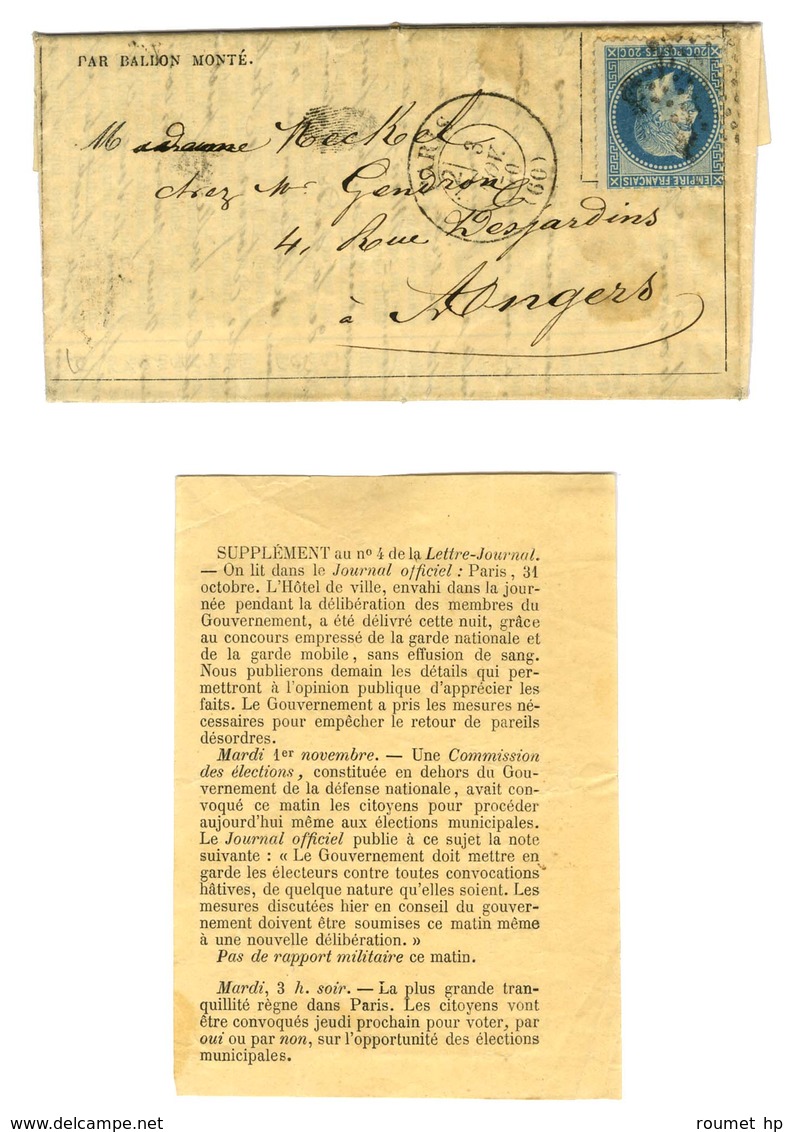 Etoile / N° 29 Càd PARIS (60) 3 NOV. 70 Sur Gazette Des Absents N° 4 + Supplément Pour Angers. Au Verso, Càd D'arrivée 5 - War 1870