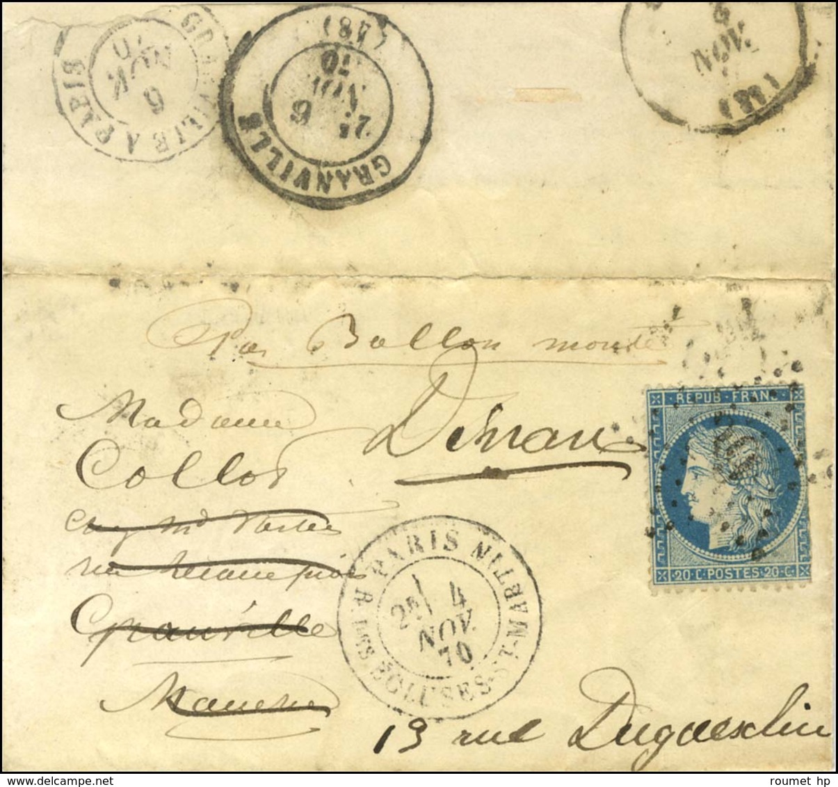 Etoile 39 (rare) / N° 37 (def) Càd PARIS / R. DES ECLUSES ST MARTIN 4 NOV. 70 2ème Levée Sur Lettre Pour Granville Réexp - War 1870