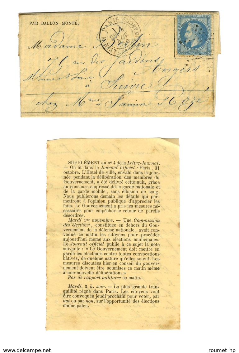 Etoile 35 / N° 29 Càd PARIS / MINISTERE DES FINANCES 4 NOV. 70 Sur Gazette Des Absents N° 4 + Supplément Pour Angers. Au - Guerra De 1870