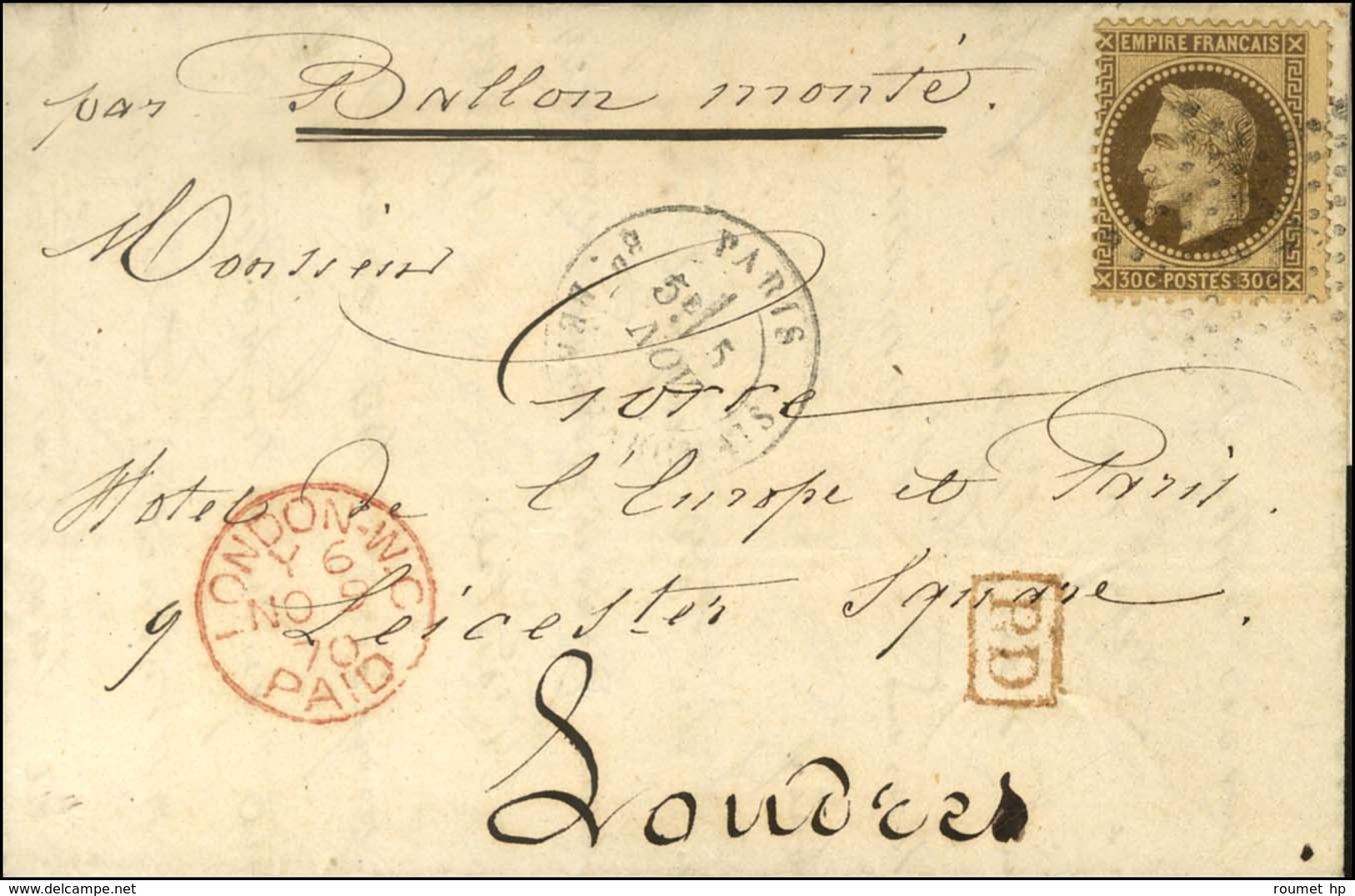 Etoile 12 / N° 30 Càd PARIS / BT BEAUMARCHAIS 5 NOV. 70 Sur Lettre Pour Londres. Au Recto, Càd D'arrivée 9 NOV. 70. LE V - War 1870