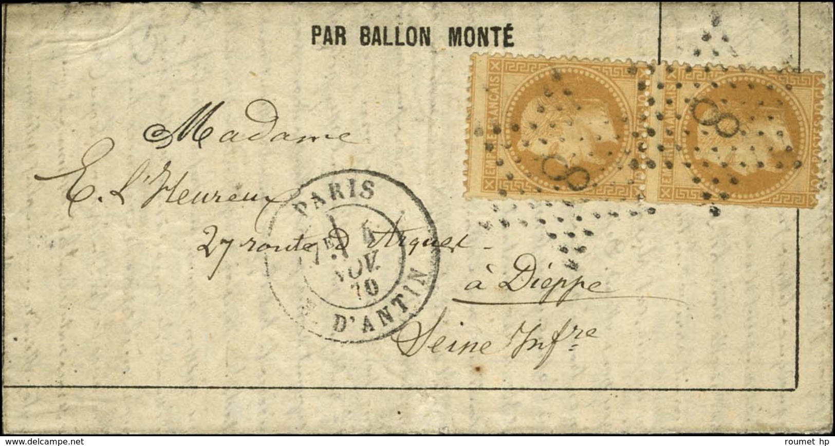 Etoile 8 / N° 28 Paire (2 Ex Leg Def) Càd PARIS / R. D'ANTIN 4 NOV. 70 Sur Journal Poste N° 1 Pour Dieppe. Au Verso, Càd - Oorlog 1870