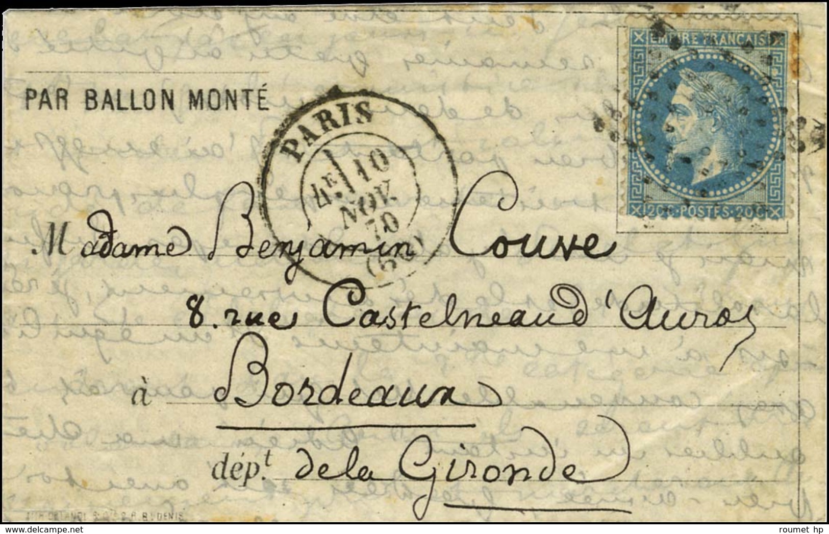 Etoile / N° 29 Càd PARIS (60) 10 NOV. 70 Sur Lettre PAR BALLON MONTE Pour Bordeaux Sans Càd D'arrivée. LE DAGUERRE Certa - Oorlog 1870