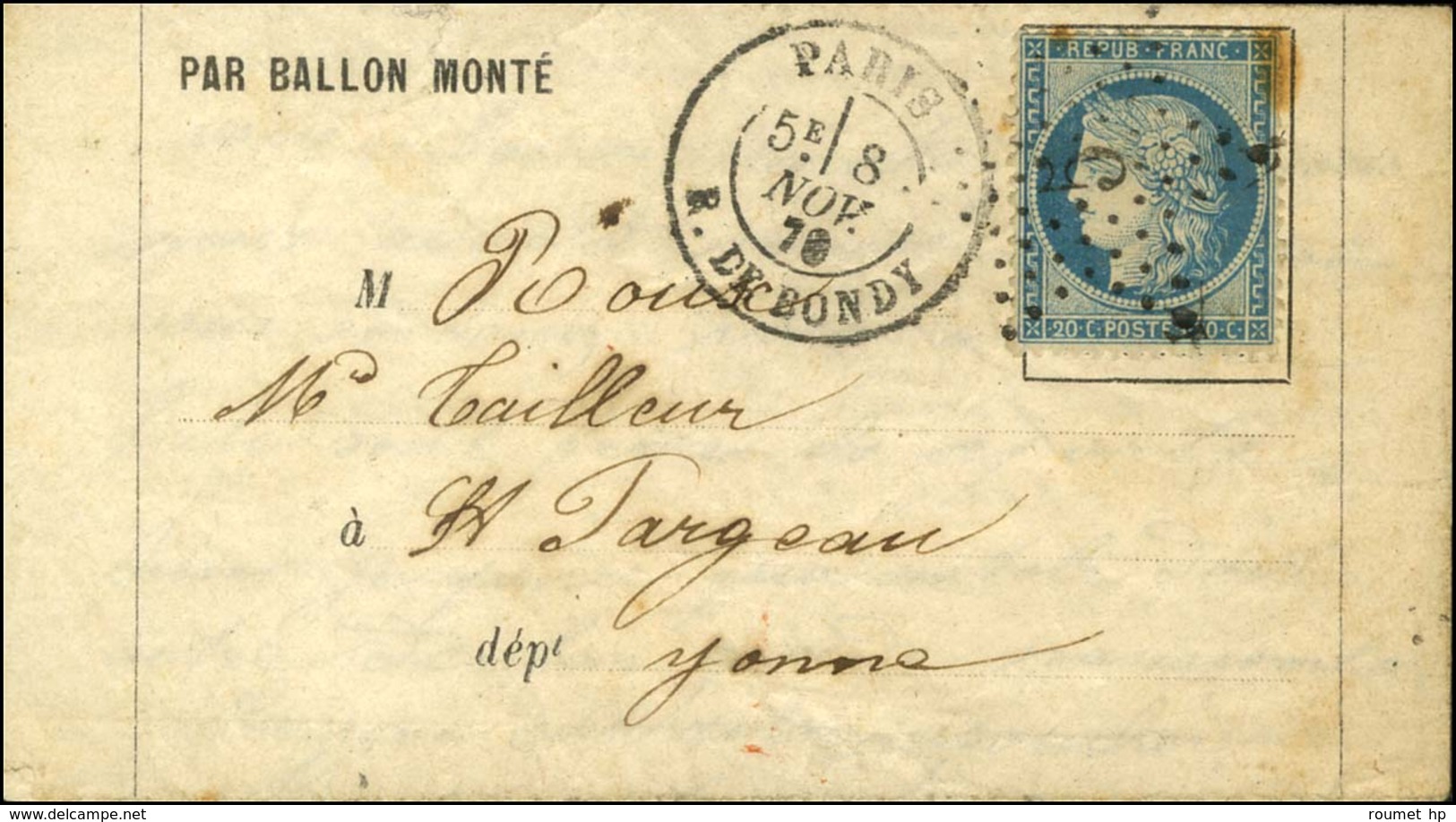 Etoile 5 / N° 37 Càd PARIS / R. DE BONDY 8 NOV. 70 Sur Lettre PAR BALLON MONTE Pour Saint Fargeau. Au Verso, Càd D'arriv - Guerre De 1870