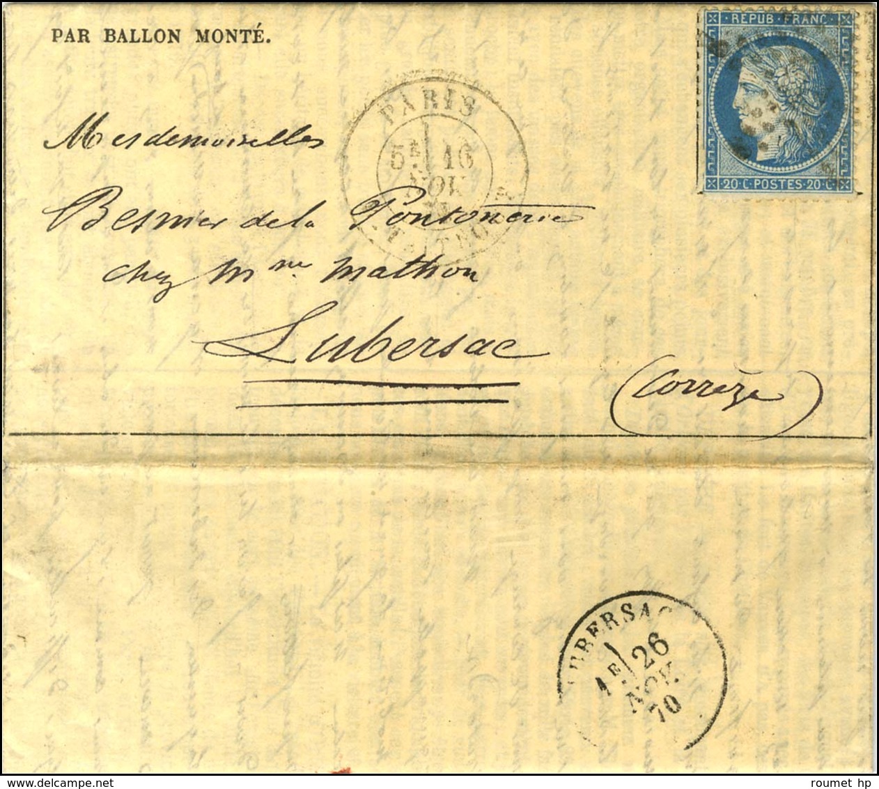 Etoile 21 / N° 37 Càd PARIS / R. ST ANTOINE 16 NOV. 70 Sur Gazette Des Absents N° 8 Pour Lubersac (Corrèze). Au Verso, C - Oorlog 1870