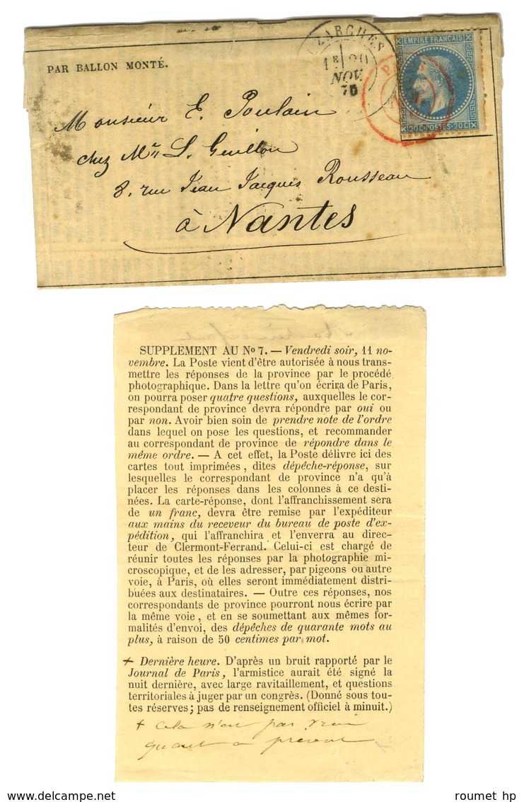 Càd Rouge PARIS SC 12 NOV. 70 / N° 29 Sur Gazette Des Absents N° 7 + Supplèment Pour Nantes. Au Recto, Càd De Passage LU - Oorlog 1870