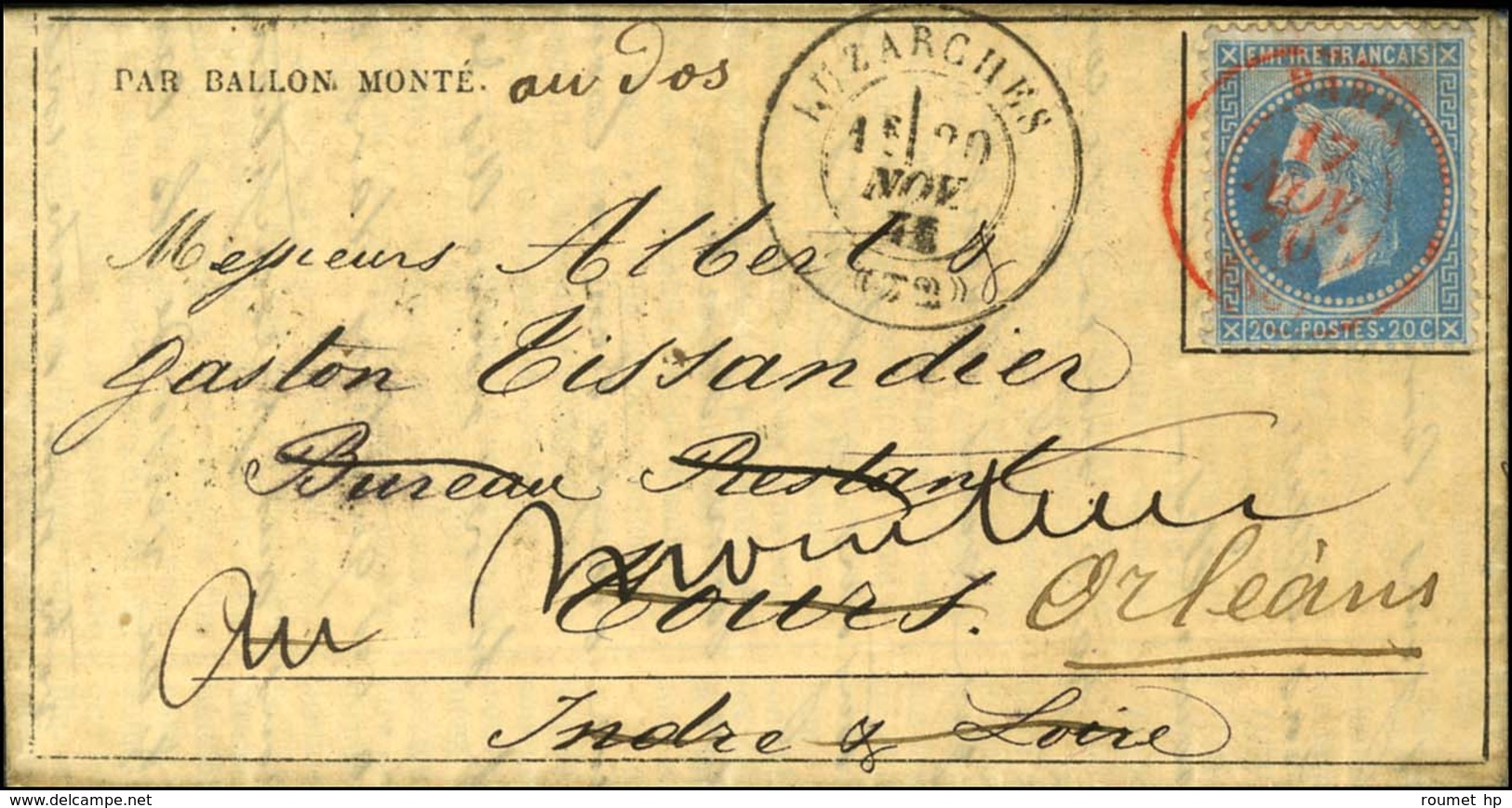 Càd Rouge PARIS SC 17 NOV. 70 / N° 29 Sur Gazette Des Absents N° 8 Adressée à Messieurs Albert Et Gaston Tissandier (aér - War 1870