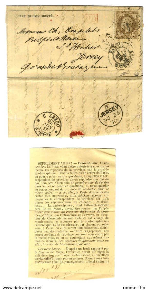 Etoile 4 / N° 30 Càd PARIS / R. D'ENGHIEN 14 NOV. 70 Sur Gazette Des Absents N° 7 + Supplèment Pour Jersey. La Lettre A  - Oorlog 1870