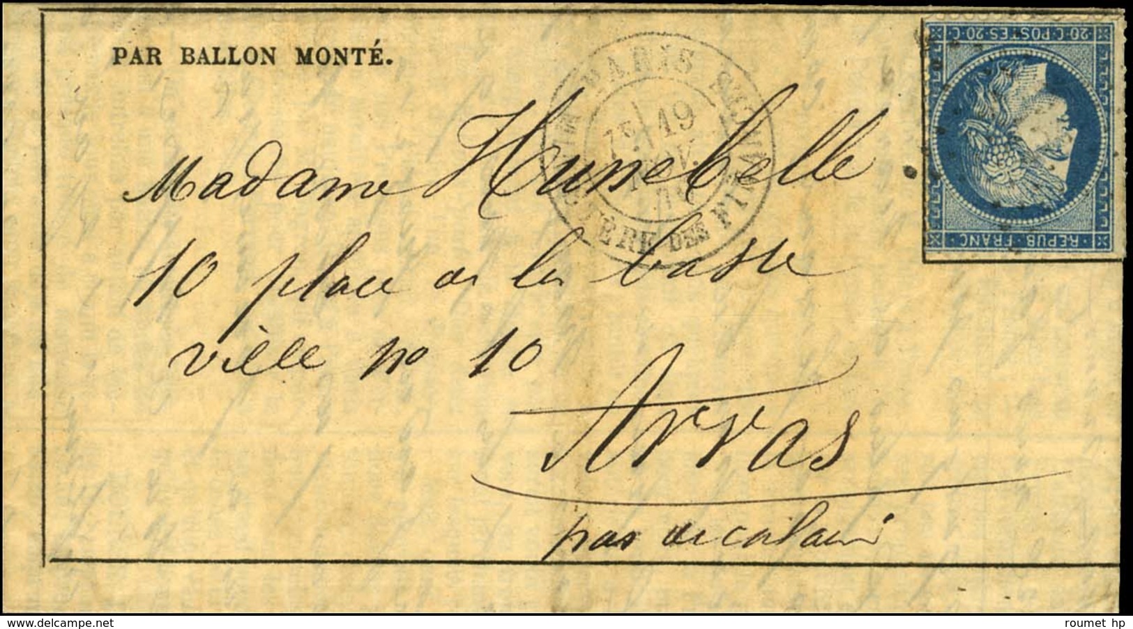 Etoile 35 / N° 37 Càd PARIS / MINISTERE DES FINANCES 19 NOV. 70 Sur Gazette Des Absents N° 9 Pour Arras. Au Verso, Càd D - Oorlog 1870