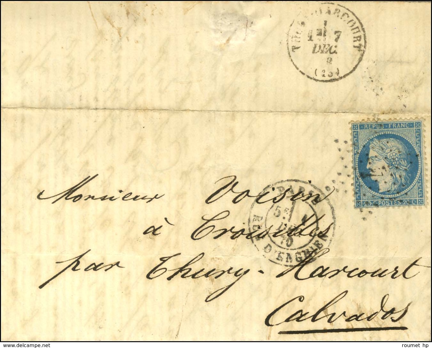 Etoile 4 / N° 37 Càd PARIS / RUE D'ENGHIEN 1 DEC. 70 Sur Lettre Pour Thury-Harcourt (Calvados). Au Verso, Càd D'arrivée  - War 1870