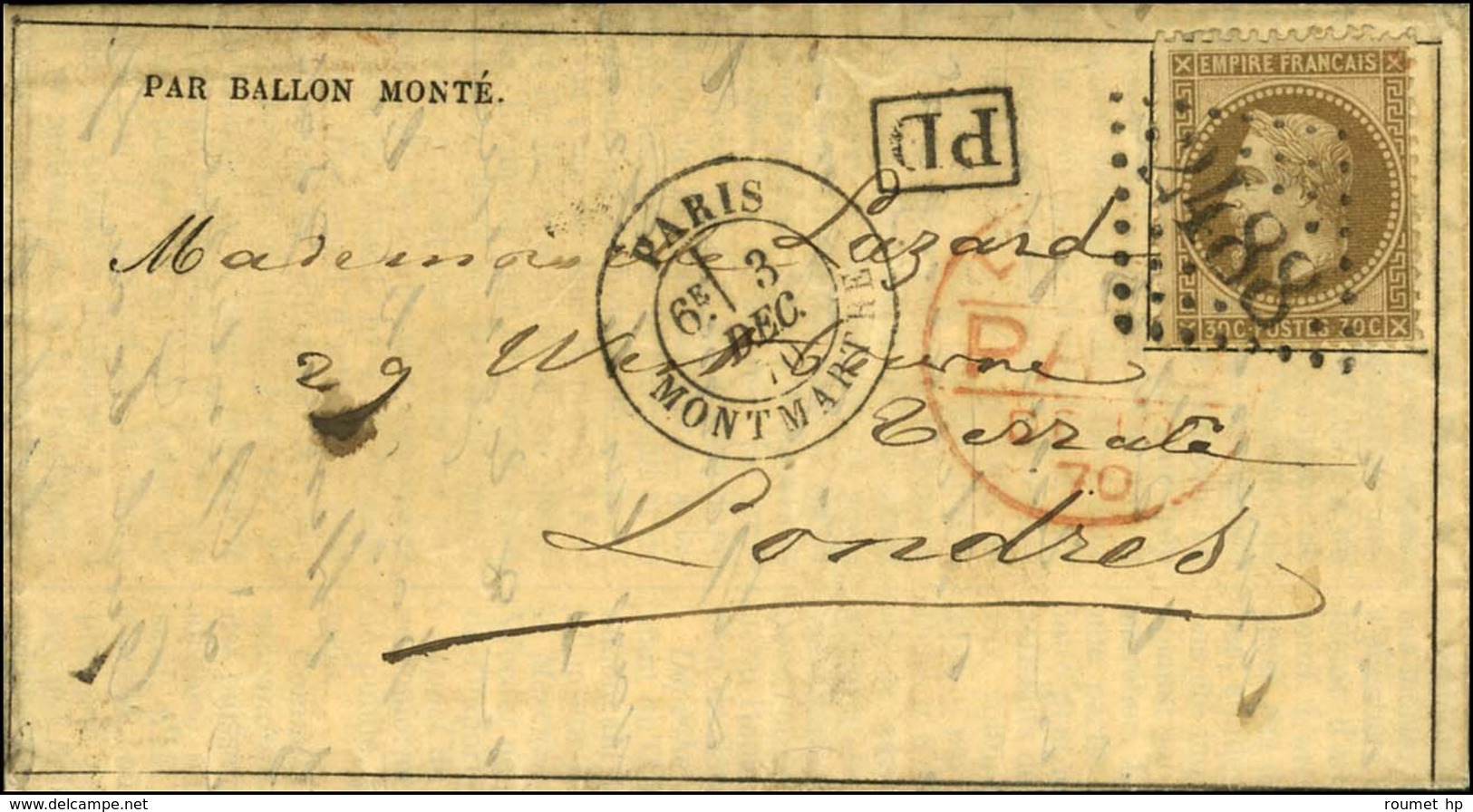 GC 2488 / N° 30 Càd PARIS / MONTMARTRE 3 DEC. 70 Sur Gazette Des Absents N° 13 Pour Londres, Au Recto Càd D'arrivée 10 D - War 1870