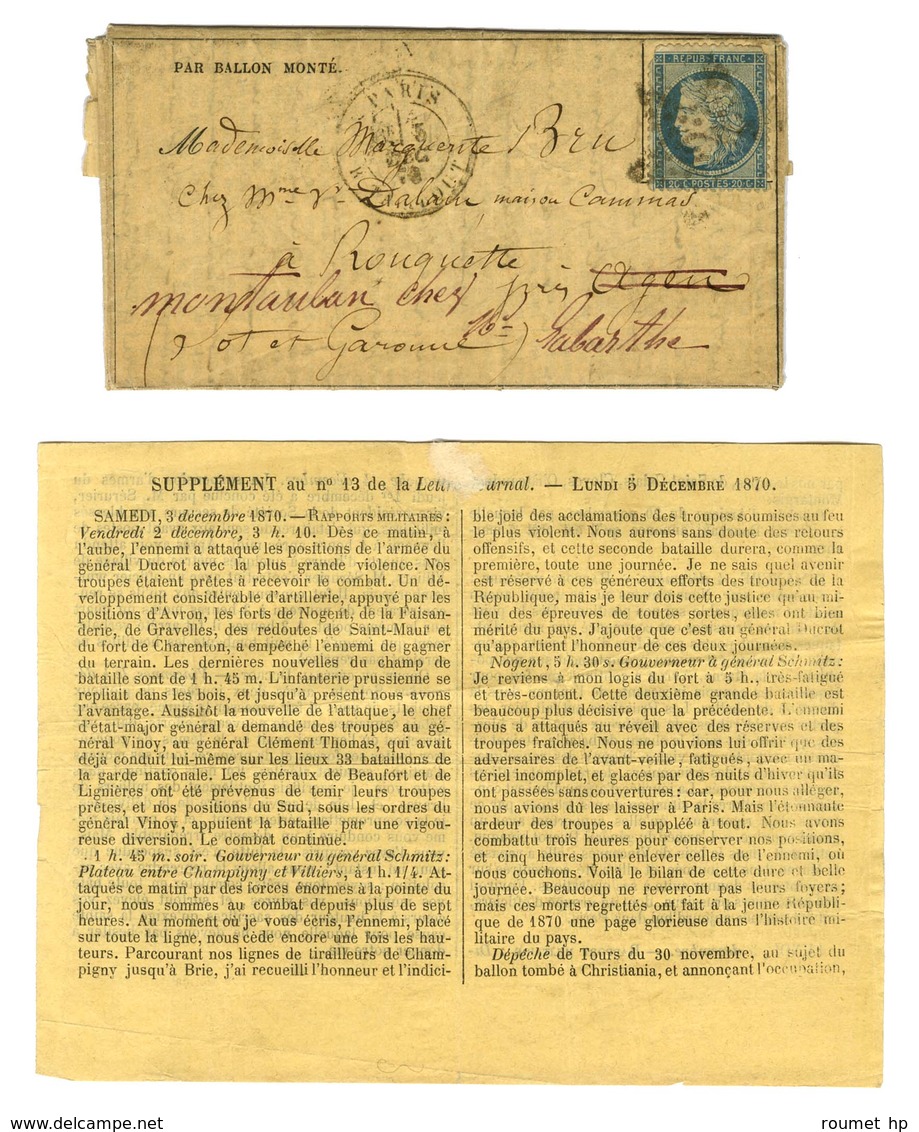 Etoile 22 / N° 37 Càd PARIS / R. TAITBOUT 5 DEC. 70 Sur Gazette Des Absents N° 13 + Supplèment Pour Agen Réexpédié à Mon - War 1870