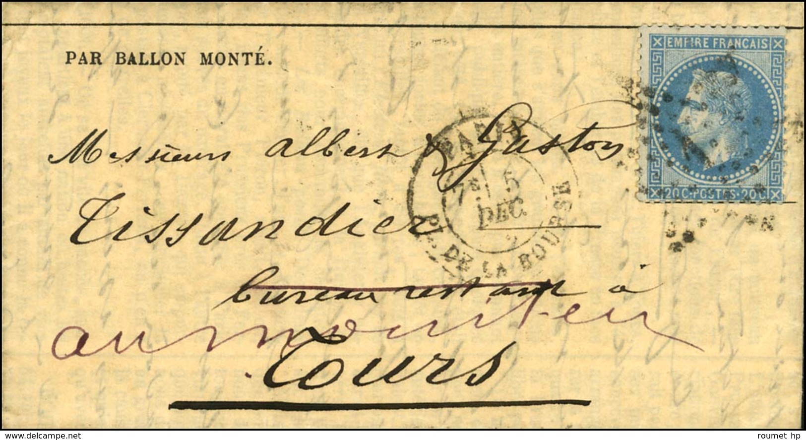 Etoile 1 / N° 29 Càd PARIS / PL. DE LA BOURSE 5 DEC. 70 Sur Gazette Des Absents N° 9 Adressée à Messieurs Albert Et Gast - War 1870