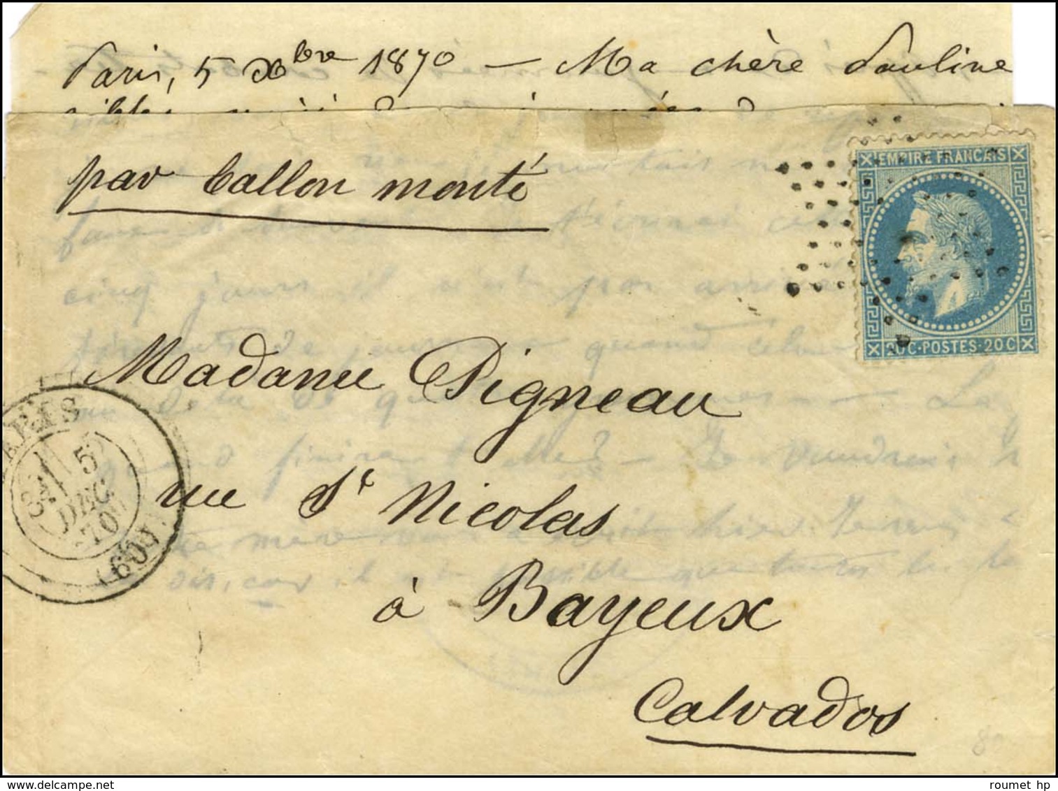 Etoile évidée / N° 29 Càd PARIS (60) 5 DEC. 70 Sur Lettre Pour Bayeux. Au Verso, Grand Cachet Bleu MAIRIE DU 5eme ARROND - War 1870