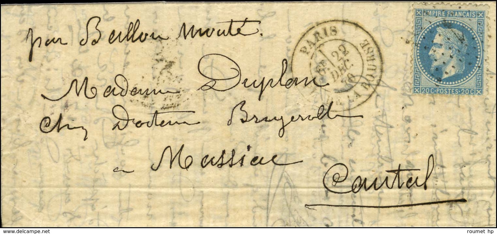 Etoile 1 / N° 29 Càd PARIS / PL. DE LA BOURSE  22 DEC. 70 Sur Lettre Pour Massiac (Cantal). Au Verso, Càd D'arrivée 28 D - War 1870