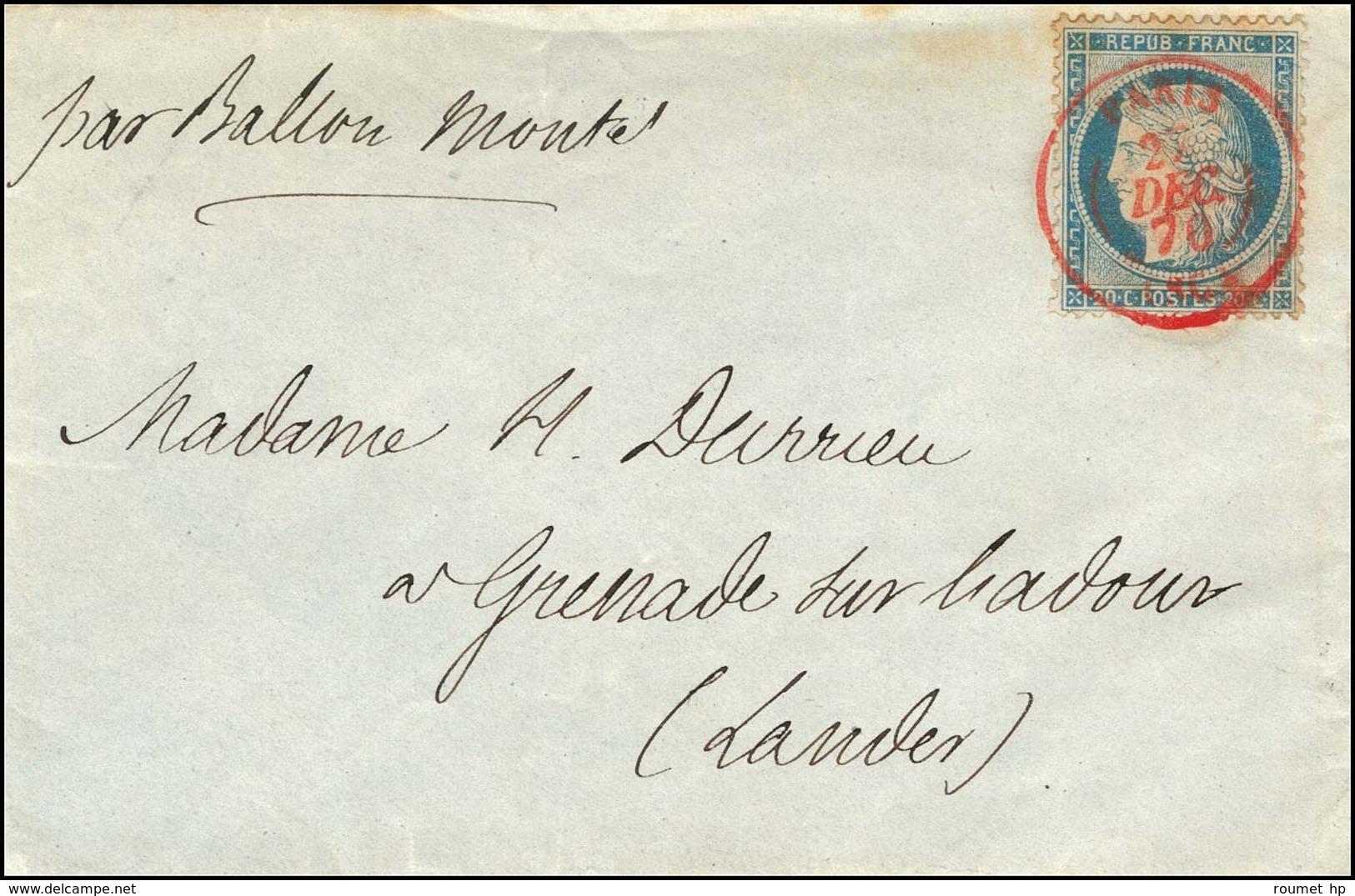 Càd Rouge PARIS (SC) 27 DEC. 70 / N° 37 Sur Lettre Avec Extrait Du Journal Officiel Pour Grenade Sur L'Adour, Càd D'arri - Oorlog 1870
