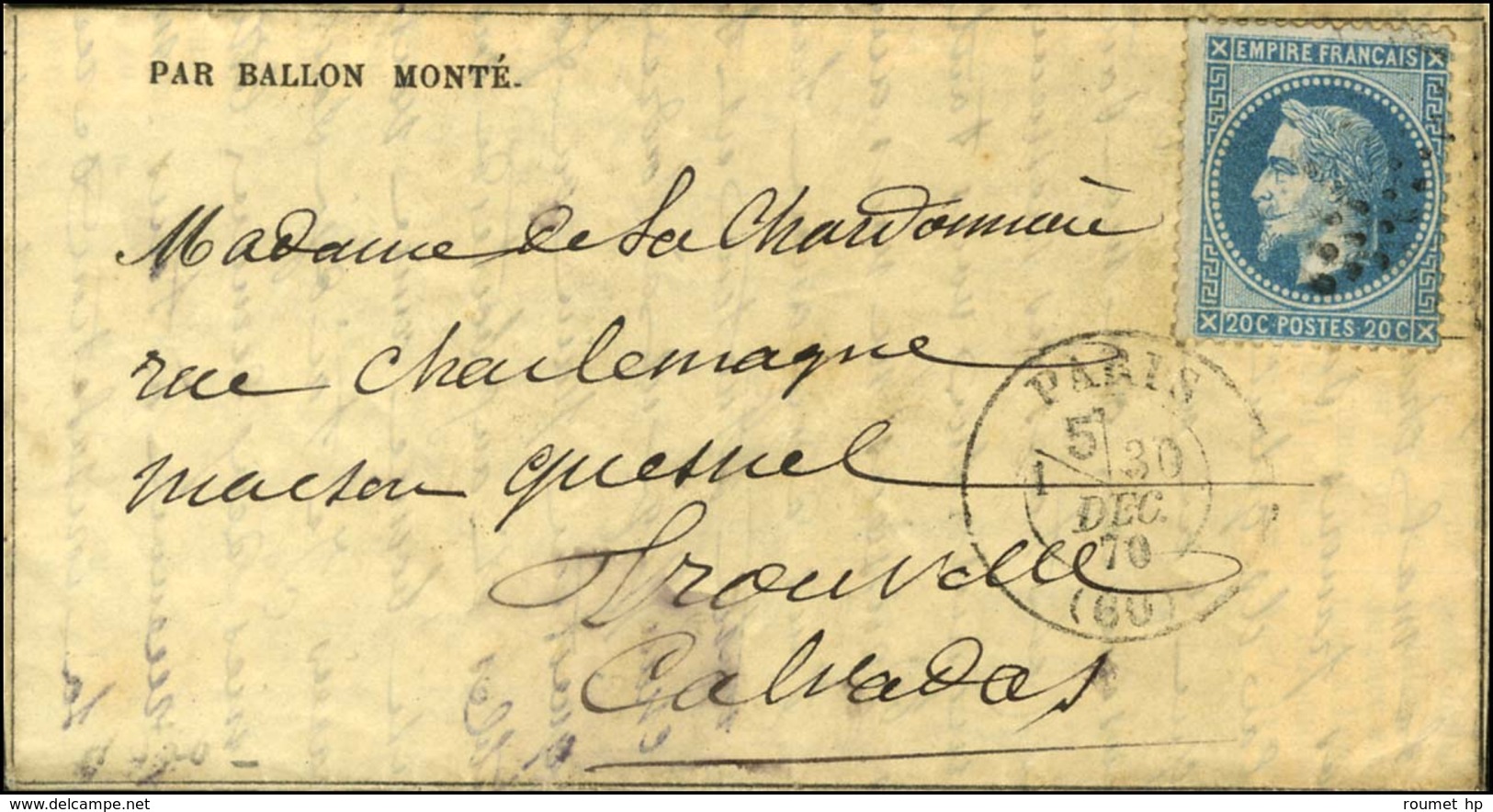 Etoile / N° 29 Càd PARIS (60) 30 DEC. 70 Sur Gazette Des Absents N° 20 Pour Trouville. Au Verso, Càd D'arrivée 2 JANV. 7 - War 1870