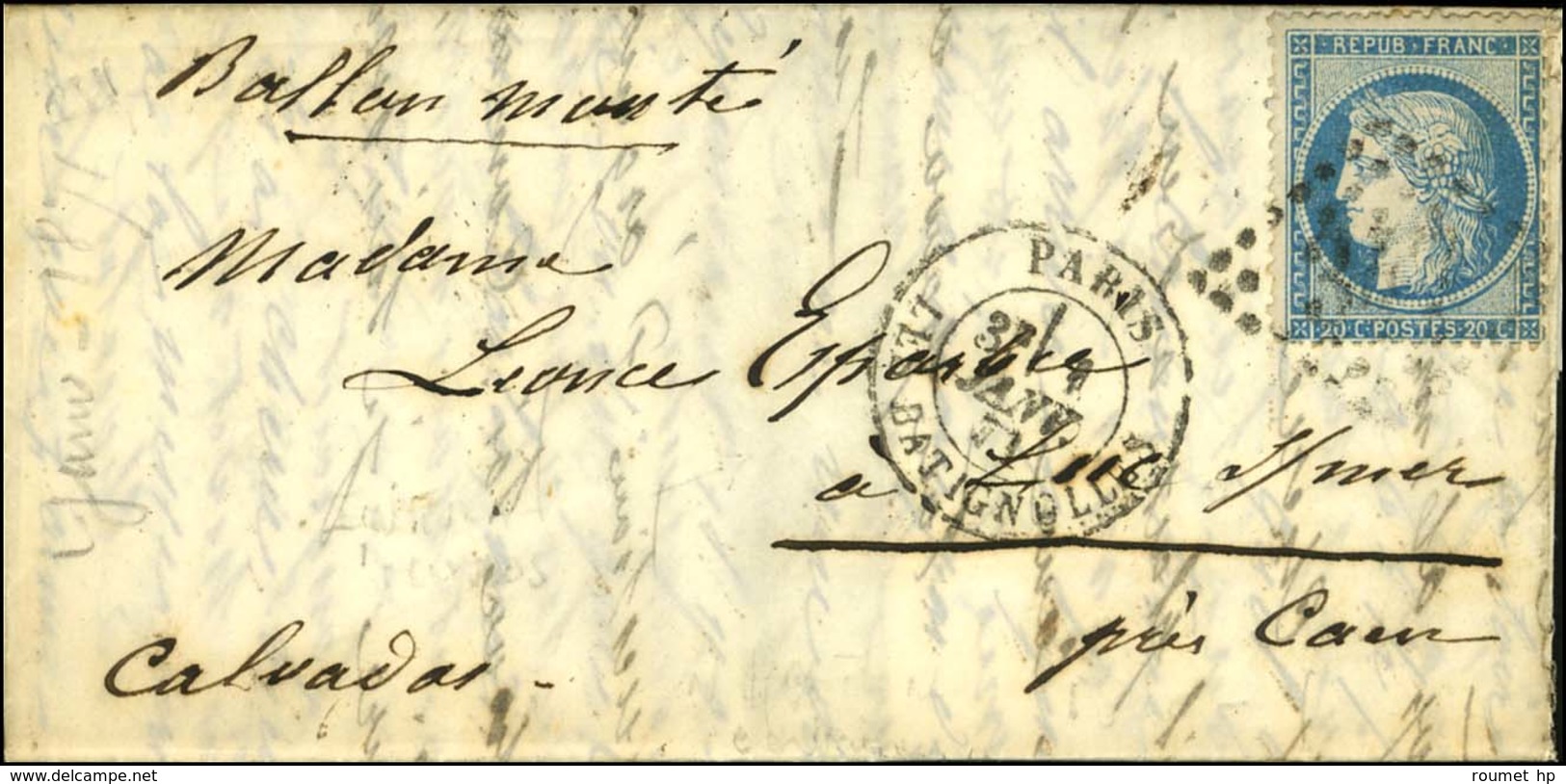 GC 347 / N° 37 Càd PARIS / LES BATIGNOLLES 1 JANV. 71 Sur Lettre Pour Luc-sur-Mer. Au Verso, Rare Cachet De Passage PARI - Oorlog 1870