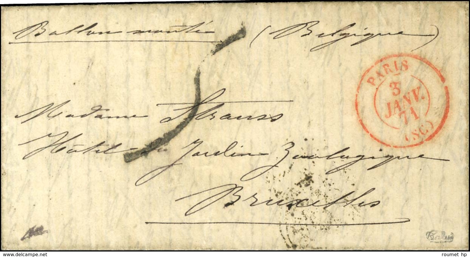 Càd Rouge PARIS SC 3 JANV. 71, Taxe Tampon 5 Sur Lettre Pour Bruxelles. Au Verso, Càd D'arrivée 8 JANV. 71. Exceptionnel - Oorlog 1870