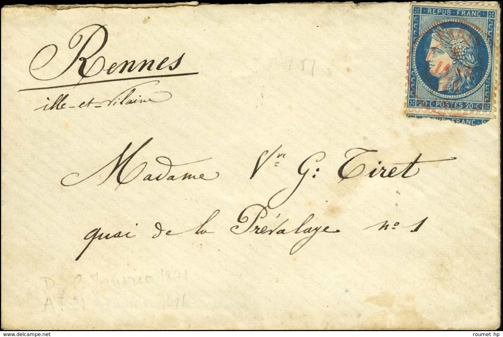 Càd Rouge PARIS SC 8 JANV. 71 / N° 37 Sur Lettre Pour Rennes. Au Verso, Càd D'arrivée 21 JANV. 71. LE GAMBETTA. - TB. -  - War 1870