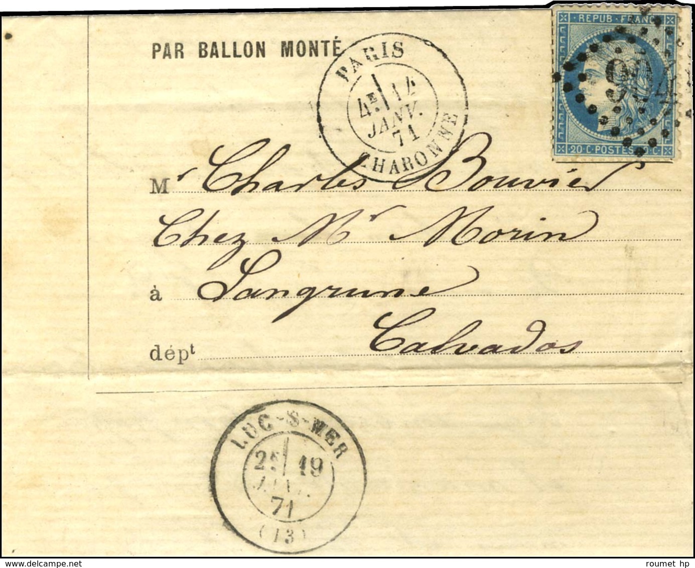GC 904 / N° 37 Càd PARIS / CHARONNE 14 JANV. 71 Sur Lettre PAR BALLON MONTE Pour Langrune (Calvados). Au Verso, Càd D'ar - Guerra Del 1870