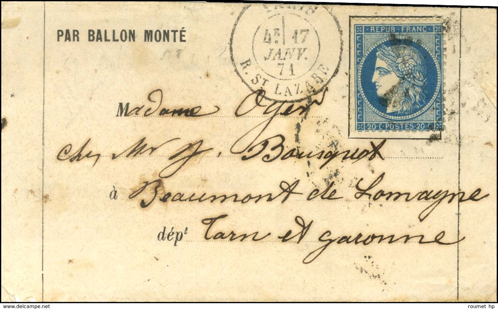 Etoile 2 / N° 37 Càd PARIS / R. ST LAZARE 17 JANV. 71 Sur Lettre Sans Texte PAR BALLON MONTE Pour Beaumont De Lomagne (T - Oorlog 1870