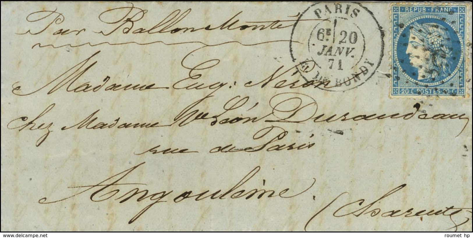 Etoile 5 / N° 37 Càd PARIS / R. DE BONDY 20 JANV. 71 Sur Lettre Pour Angoulême. Au Verso, Càd D'arrivée 27 JANV. 71. LE  - Oorlog 1870