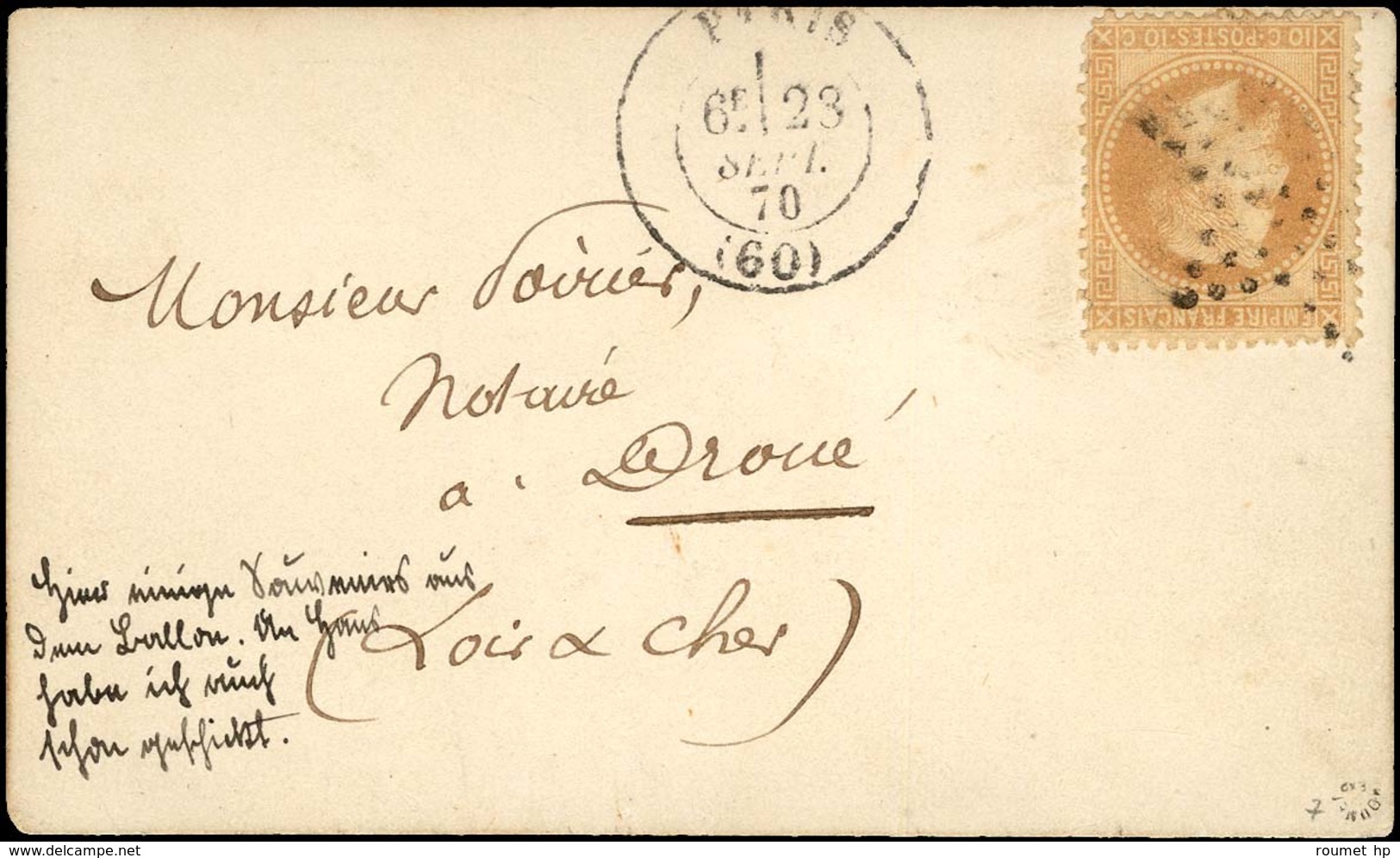 Etoile / N° 28 Càd PARIS (60) 28 SEPT. 70 Sur Carte Pour Droué (Loir Et Cher) Avec Rare Mention Manuscrite Au Recto En A - War 1870